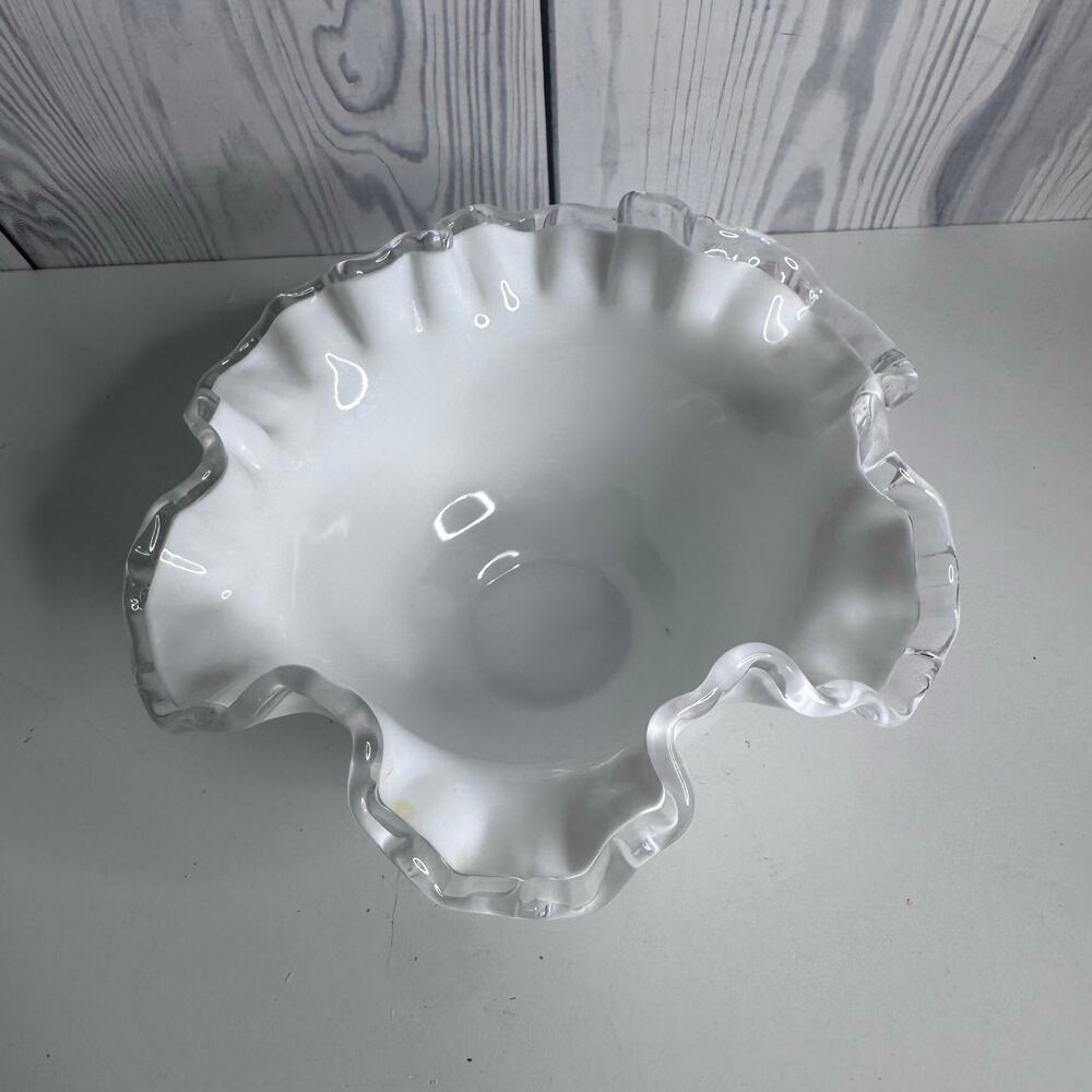 Vintage Fenton Silver Crest White Milk Glass Ruffled Edge Ribbon Candy Dish